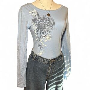 Y2K Grunge Light Blue Chicago Graphic Long Sleeve Tee
